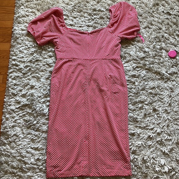 Betsey Johnson Women's Polka Dot Print Puff Sleeve Midi Sheath Dress - Picture 5 of 11